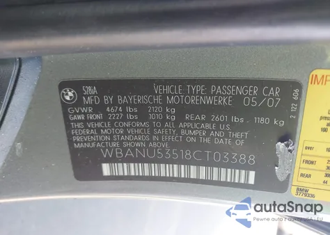 2008 BMW 528I z USA, uszkodzony, nr VIN WBANU53518CT03388